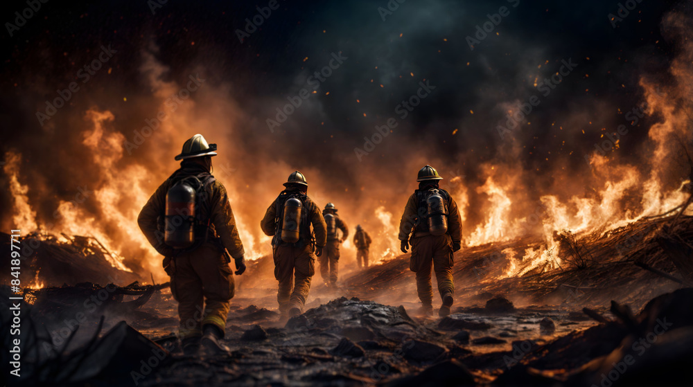 Fototapeta premium Firefighters in protective gear march towards a forest flames. Generative AI