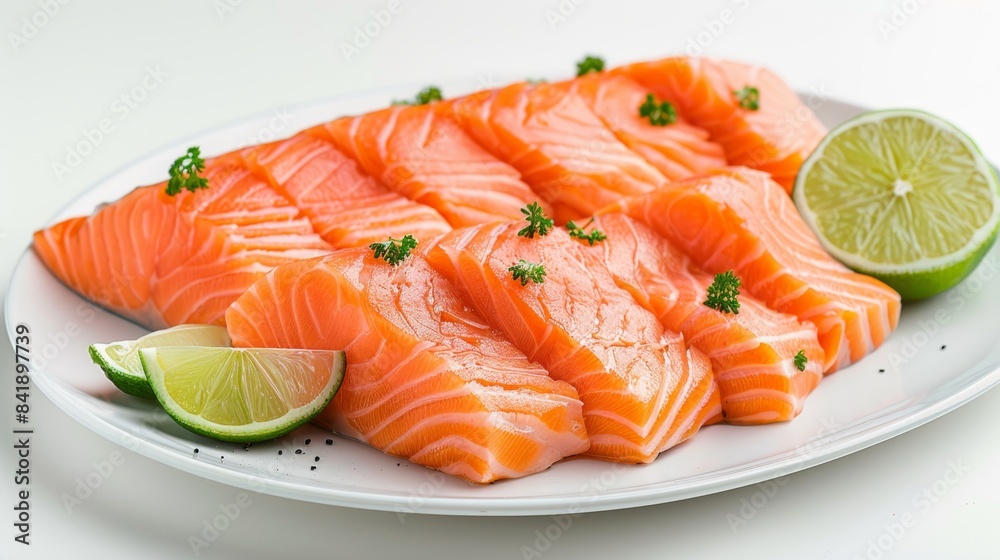 a plate of fresh salmon sashimi served with a wedge of lime, isolated on a white background. a plate of fresh salmon sashimi served with a wedge of lime, isolated on a white background.
