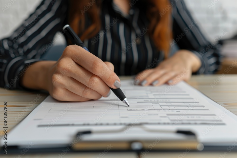 Fototapeta premium A woman sits at a table writing on a piece of paper, focusing on her work
