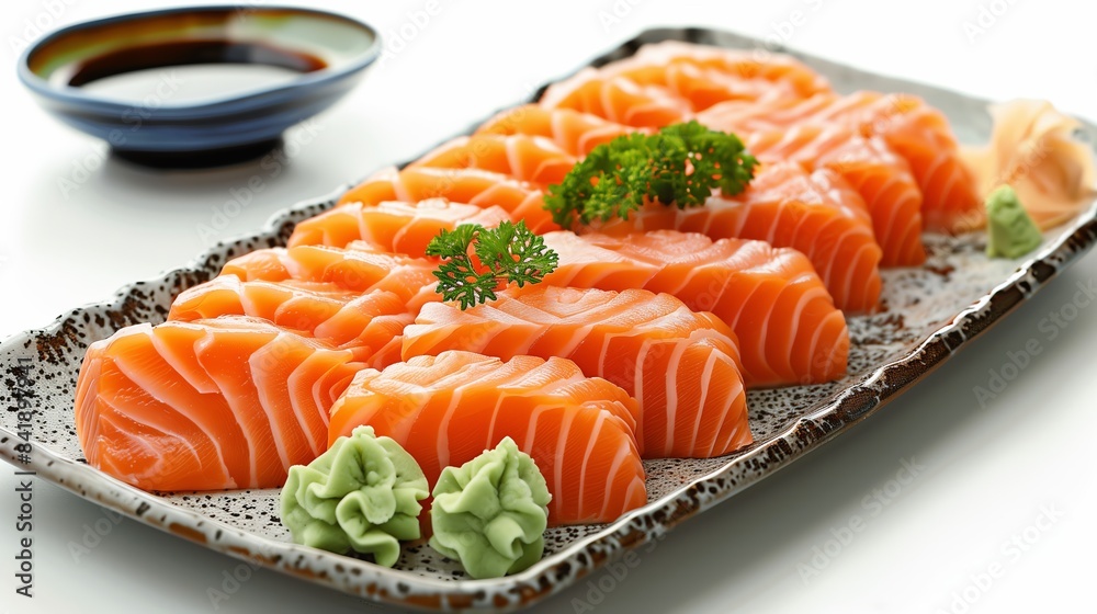a plate of fresh salmon sashimi with wasabi and ginger, isolated on a white backdrop. a plate of fresh salmon sashimi with wasabi and ginger, isolated on a white backdrop.