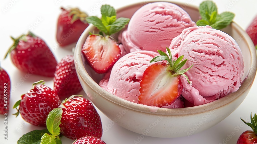 a bowl of strawberry ice cream with fresh strawberries on top, isolated on a white backdrop. a bowl of strawberry ice cream with fresh strawberries on top, isolated on a white backdrop.