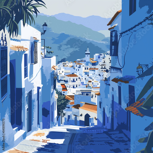 copy space, vector illustration, touristic publicity poster of Chefchaouen, a blue city in Morocco.  simple flat 2D illustration, hand drawn, Chefchaouen. Beautiful view the centre of Chafchaouen with photo