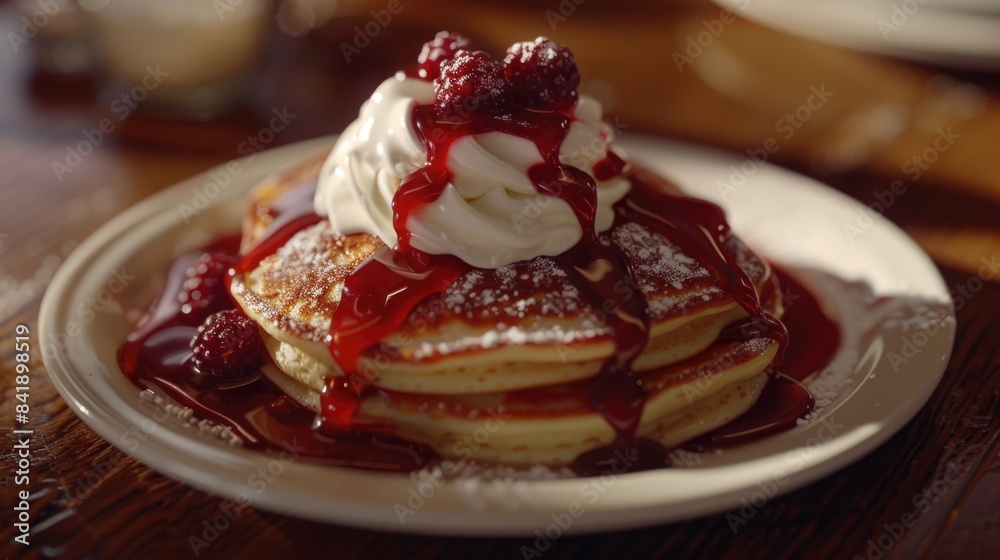A stack of fluffy pancakes topped with whipped cream and sweet raspberries, perfect for breakfast or brunch A stack of fluffy pancakes topped with whipped cream and sweet raspberries, perfect for breakfast or brunch