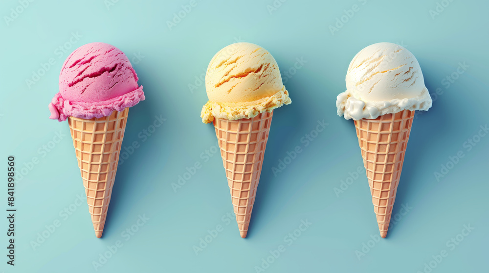 a classic ice cream cone with three cones, different flavors, isolated on a light blue background. a classic ice cream cone with three cones, different flavors, isolated on a light blue background.