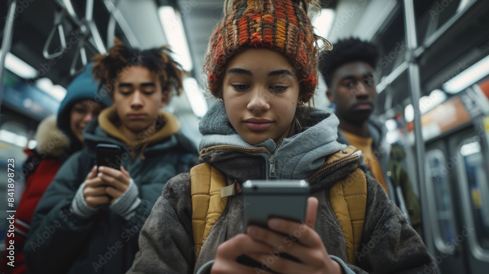 Obraz premium Young African American Multiracial Adults Using Smartphones in Subway Train. Generative ai