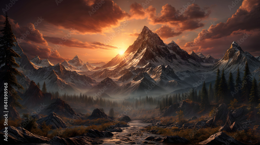 Obraz premium Rocky trail through forest, with trees lining the path at sunset. Generative AI