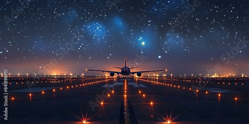 Runway lights illuminate planes against starry sky creating mesmerizing contrast. Concept Airports at Night, Starry Sky, Runway Lights, Illuminated Planes, Mesmerizing Contrast photo