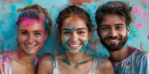 Indian group celebrating Holi a traditional festival with colorful powder. Concept Festivals, Indian culture, Holi celebration, Traditional customs, Colorful powder