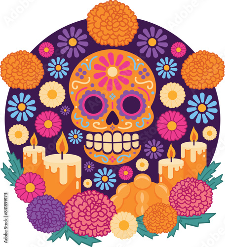 Decoración día de muertos, altar con cempasúchil, velas, pan de muerto y calavera en fondo morado, México