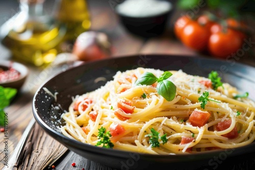 Fresh pasta served with juicy tomatoes and melted parmesan cheese