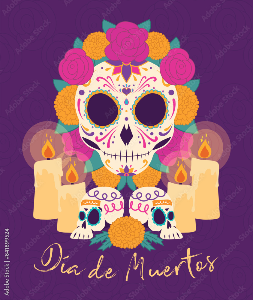 Día de muertos, altar con calaveras de azúcar, velas y flores de cempasúchil