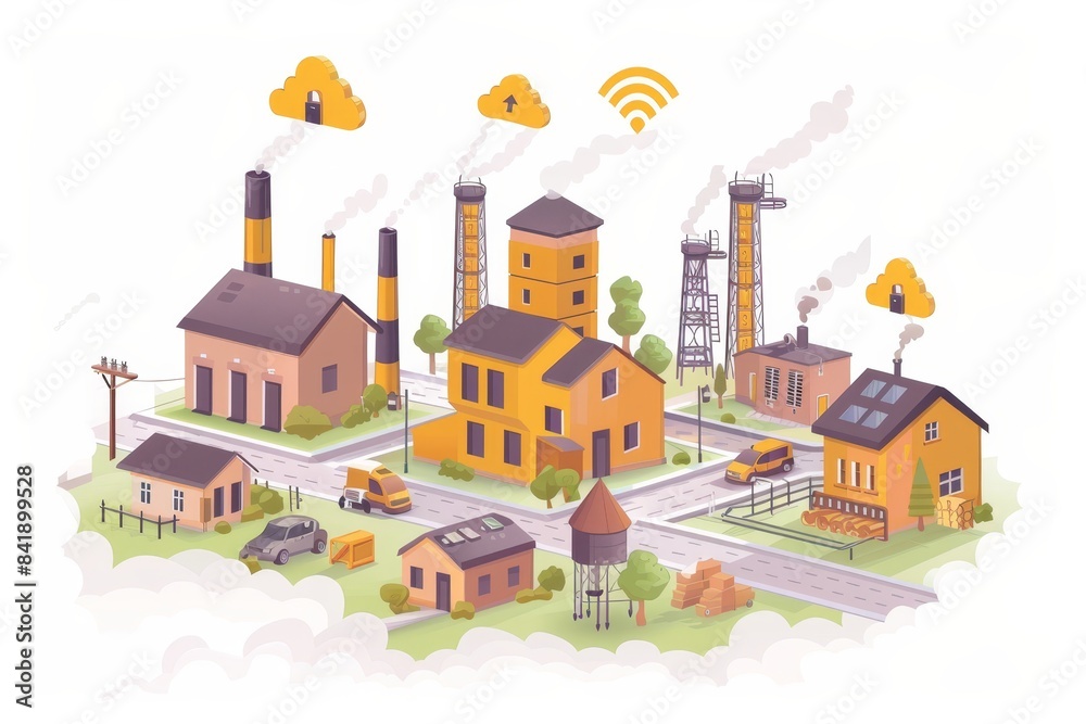 Illustration of a city with factories and houses. The image is in a colorful and flat style with a lot of detail. The image is perfect for a website or presentation about a city or industry