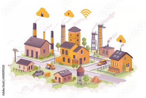 Illustration of a city with factories and houses. The image is in a colorful and flat style with a lot of detail. The image is perfect for a website or presentation about a city or industry © Dipsky