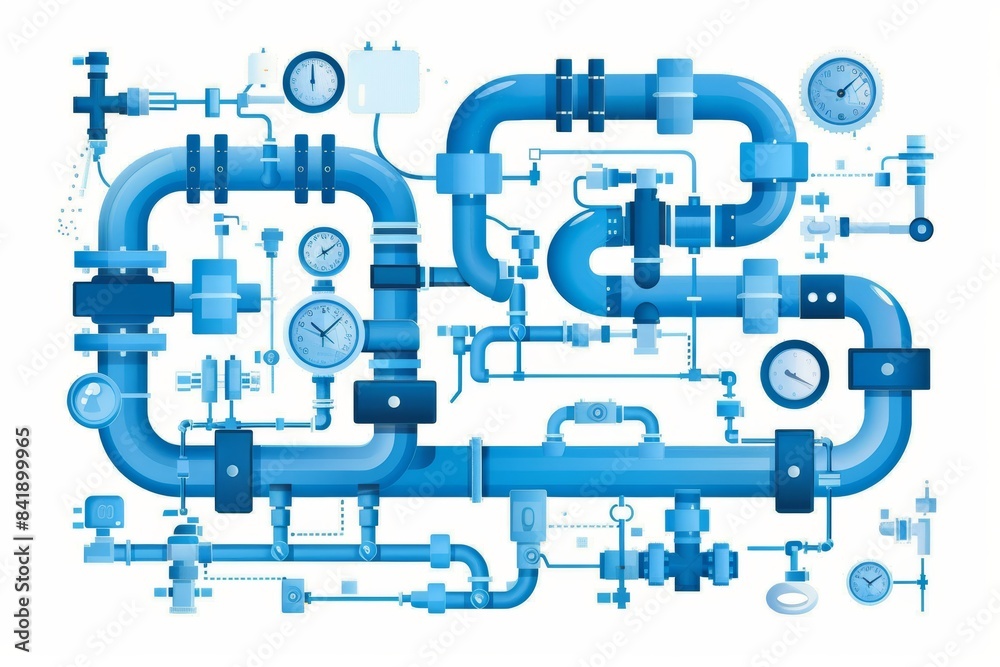 A detailed illustration of an industrial piping system, showcasing an intricate network of blue pipes, valves, and gauges, representing the complexity and precision of modern engineering, Generativ AI A detailed illustration of an industrial piping system, showcasing an intricate network of blue pipes, valves, and gauges, representing the complexity and precision of modern engineering, Generativ AI