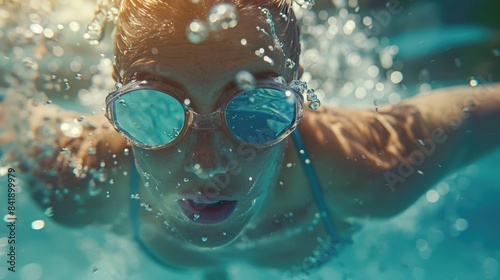 A woman swims laps in a pool while wearing goggles for protection and clarity underwater photo