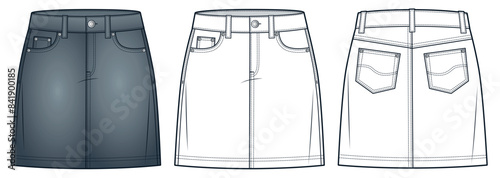  Denim Skirt technical fashion illustration. Mini Skirt fashion flat technical drawing template, pockets, zipper, front and back view, white, grey, women CAD mockup set.
