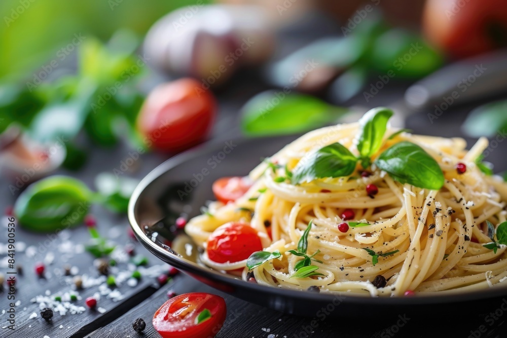 Fresh tomato sauce on pasta, garnished with basil leaves, perfect for a quick meal or dinner party Fresh tomato sauce on pasta, garnished with basil leaves, perfect for a quick meal or dinner party