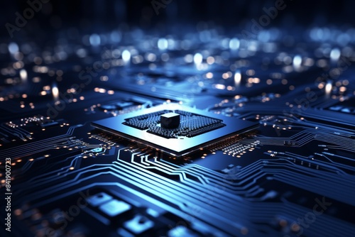 Abstract blue circuit trace lines on dark tech background with chip connectors, electronics concept photo