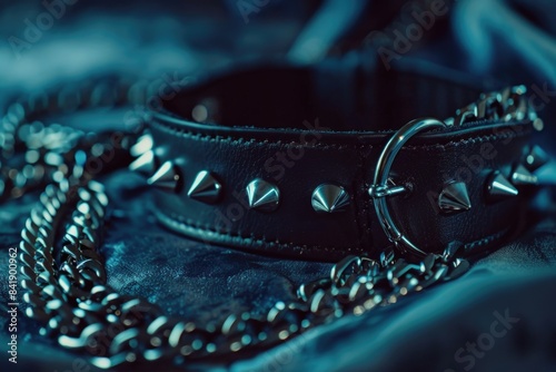 A close-up shot of a collar with sharp spikes and heavy chains photo