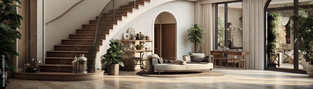 A large, open room with white furniture and a lot of greenery. The room has a very elegant and sophisticated feel to it A large, open room with white furniture and a lot of greenery. The room has a very elegant and sophisticated feel to it