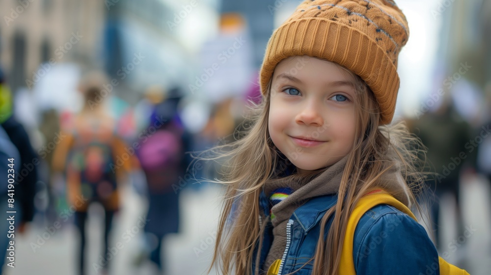 A young girl in a yellow hat smiles as she participates in a peaceful protest A young girl in a yellow hat smiles as she participates in a peaceful protest