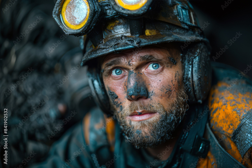 Fototapeta premium Close-up of portrait of a coal miner, marked with dust from the mine, illustrating the demanding nature of underground labor