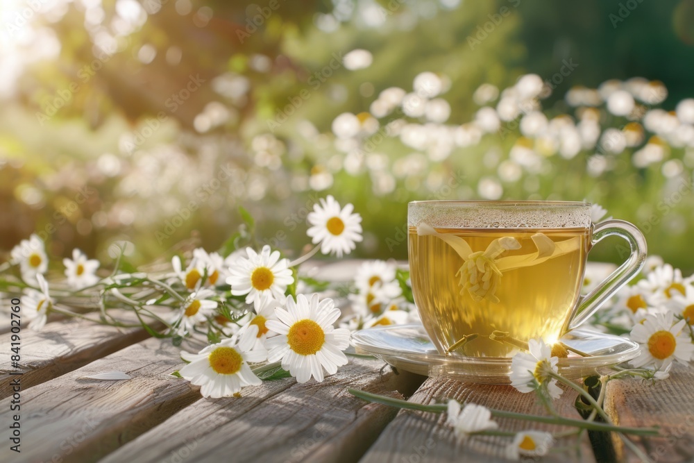 A cup of tea sitting on a wooden table, perfect for a cozy moment A cup of tea sitting on a wooden table, perfect for a cozy moment