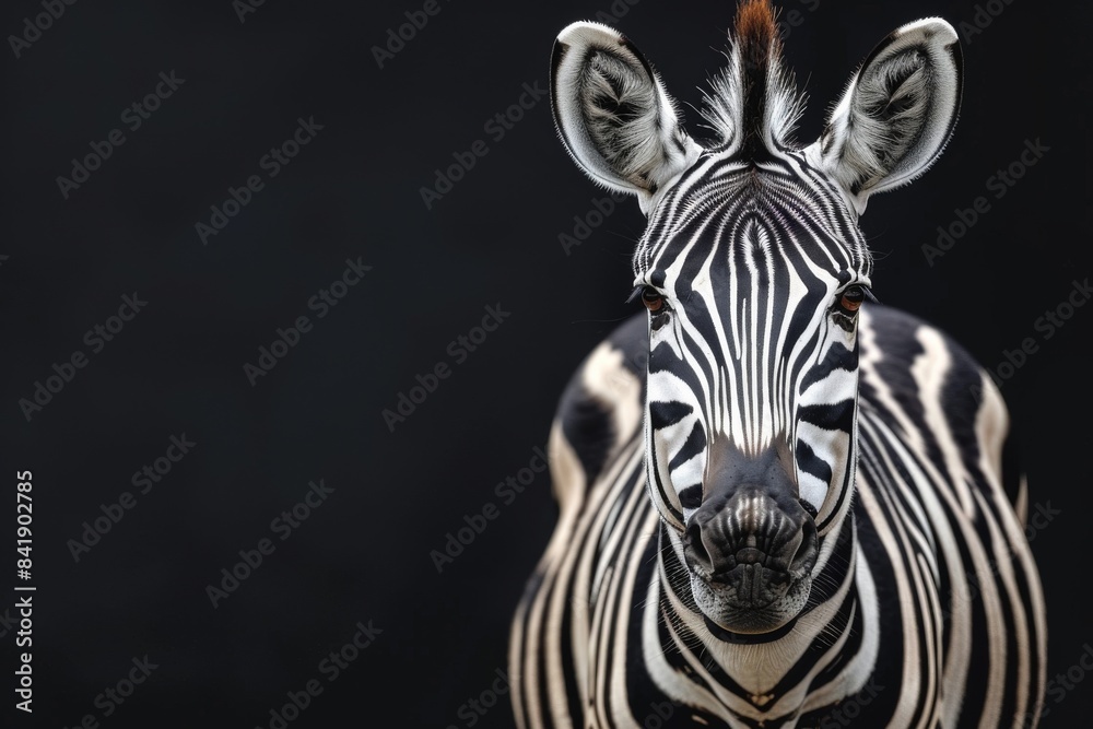 Naklejka premium Banner with zebra on black background, copy space