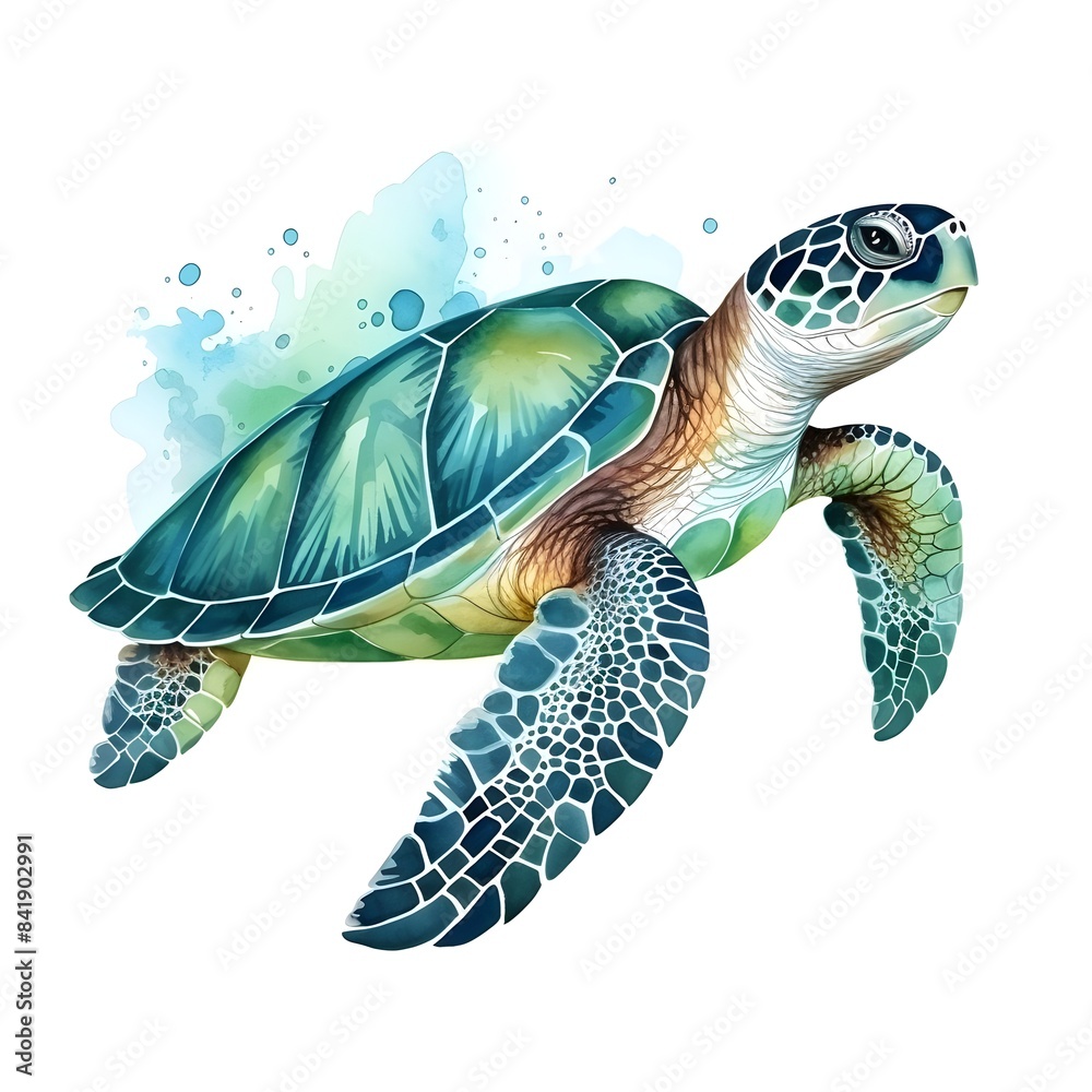 Obraz premium Vibrant Watercolor of a Swimming Sea Turtle in Nature