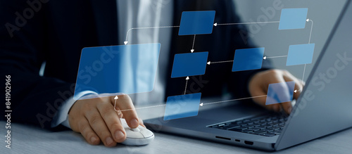 Chart scheme hierarchy management of corporate. Digital technology of business process and workflow automation with flowchart and processing management. photo