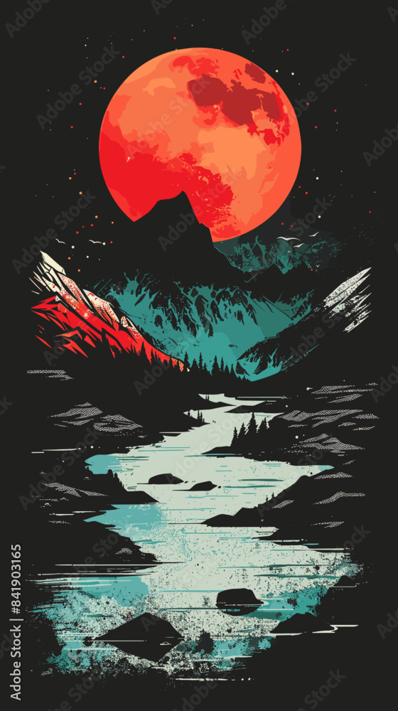 Mountain landscape with red moon and reflection in water. Vector illustration. Mountain landscape with red moon and reflection in water. Vector illustration.