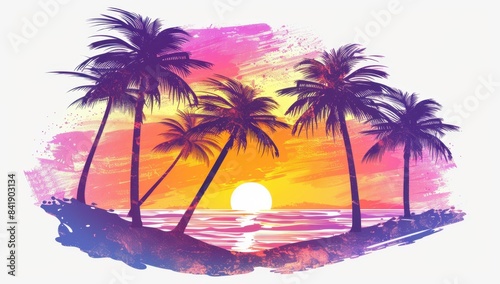 Tropical summer background with palm trees and sunset sky pink purple orange colors, white background summer travel poster design Generative AI