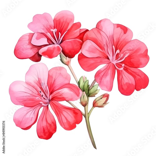 Vibrant Watercolor of Blooming Geranium Flowers on White Background