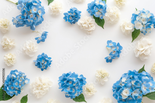 blue and white Hydrangea flowers, Immerse yourself in the delicate beauty of summer romance with this captivating top view image of blue and white Hydrangea flowers