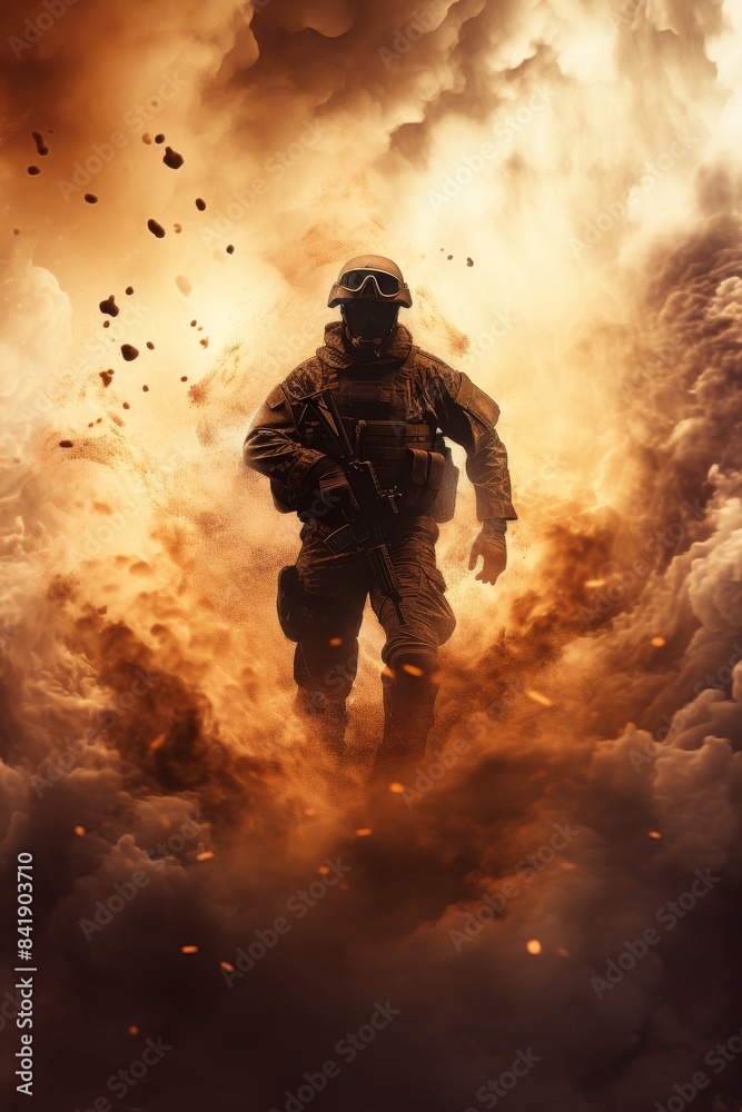 A soldier is running through a battlefield with smoke and fire in the background. Scene is intense and chaotic, with the soldier being the only one left standing in the midst of the destruction A soldier is running through a battlefield with smoke and fire in the background. Scene is intense and chaotic, with the soldier being the only one left standing in the midst of the destruction