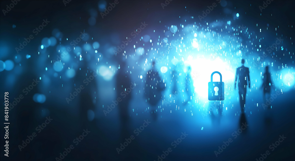 Abstract digital security concept with silhouettes of people and padlock. Represents data protection and cyber safety in a futuristic setting. Abstract digital security concept with silhouettes of people and padlock. Represents data protection and cyber safety in a futuristic setting.