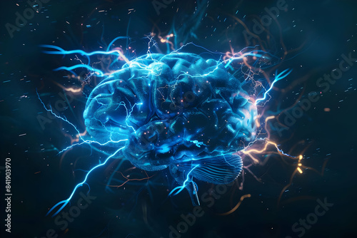 Digital illustration of a brain with electric currents. Concept of artificial intelligence, neural networks, and brain activity. photo