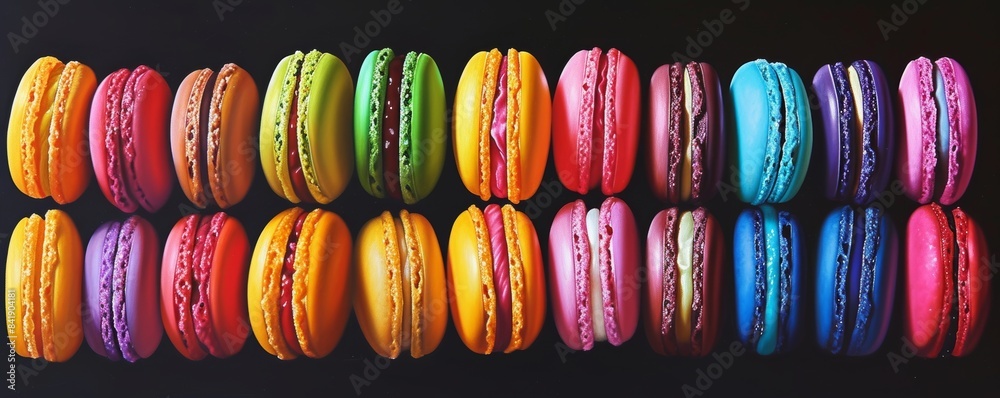Colorful macarons in a row on black background. Confectionery sweetness concept Colorful macarons in a row on black background. Confectionery sweetness concept