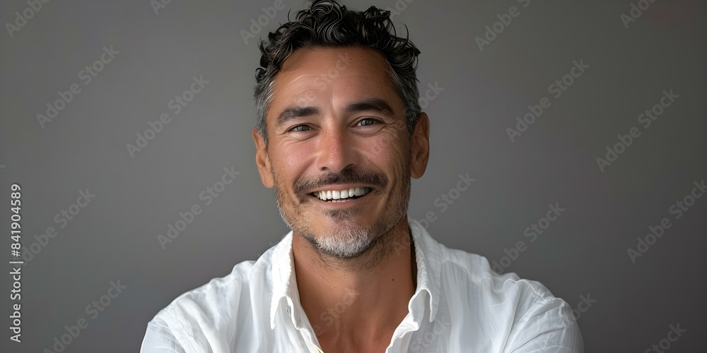 Obraz premium A man smiling in a white shirt. Concept Outdoor Photoshoot, Joyful Portraits, Casual Style
