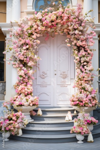 The front door of a house is blue and has a white trim. The door is flanked by two large pink bushes. The bushes are in vases and are placed on the steps leading up to the door