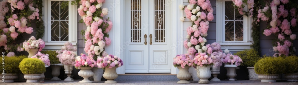 The front door of a house is blue and has a white trim. The door is ...