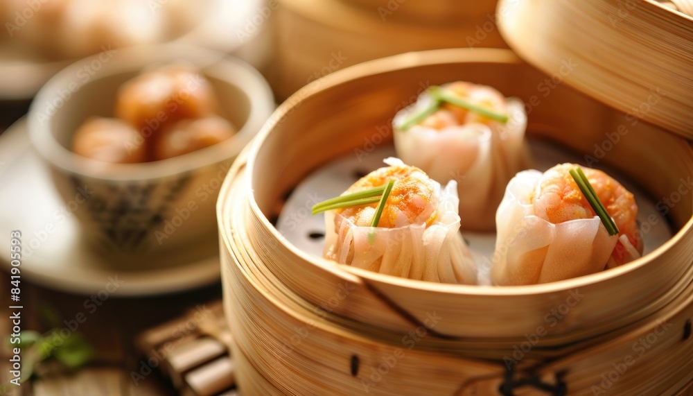 Warm Shumai Dumplings in a Bamboo Steamer with Whole Shrimp Meat on Top. Delicious Shrimp Dimsum Restaurant Menu Warm Shumai Dumplings in a Bamboo Steamer with Whole Shrimp Meat on Top. Delicious Shrimp Dimsum Restaurant Menu