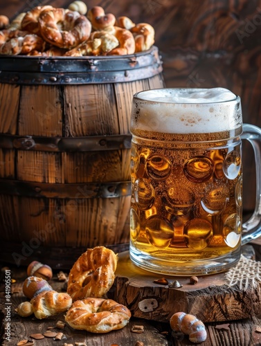 beer mug with pretzels and bread on wooden table