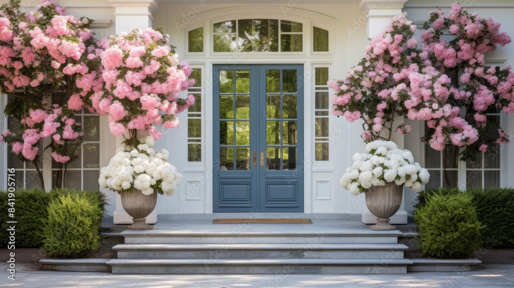 Fototapeta premium The front door of a house is blue and has a white trim. The door is flanked by two large pink bushes. The bushes are in vases and are placed on the steps leading up to the door