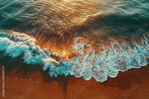 Aerial drone view of beach, golden sunlight, gentle waves lapping the shore efreshing seascape in summer time. photo