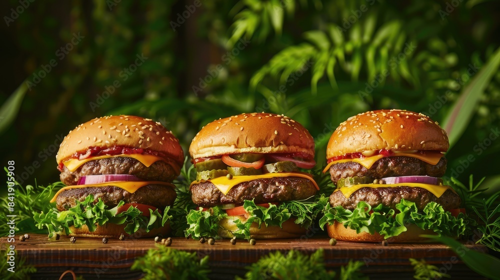 Plant based burgers on a verdant backdrop Plant based burgers on a verdant backdrop