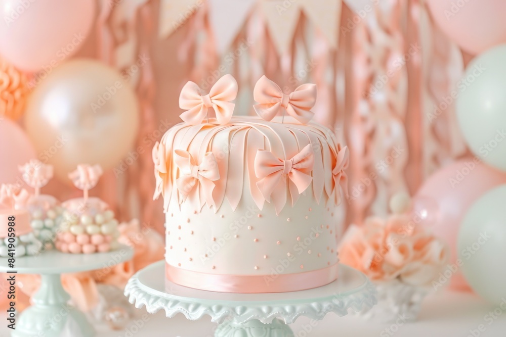 Elegant Pink and White Birthday Cake with Bows Surrounded by Festive Decorations - Perfect for Party Invitations and Celebrations Elegant Pink and White Birthday Cake with Bows Surrounded by Festive Decorations - Perfect for Party Invitations and Celebrations