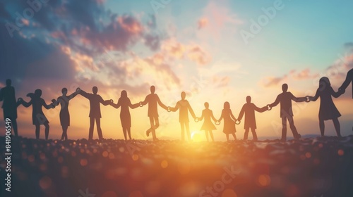 couple hands holding chain of people pictogram over evening sky background