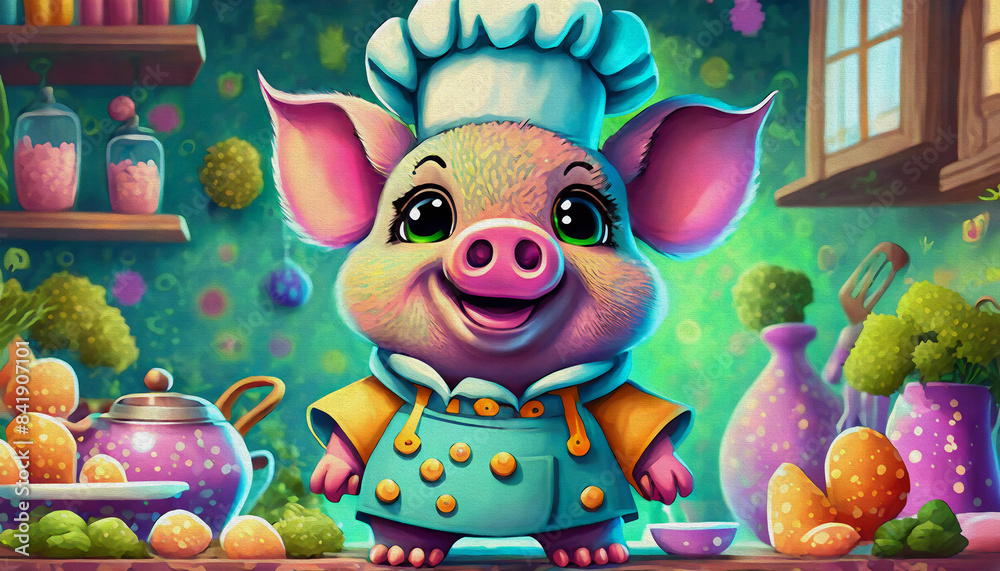 Fototapeta premium oil painting style cartoon character Caucasian baby pig with smile dressed as a chef in the kitchen