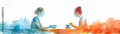 Watercolor painting of two women drinking coffee together, representing friendship and conversation in a blend of blue and orange hues.